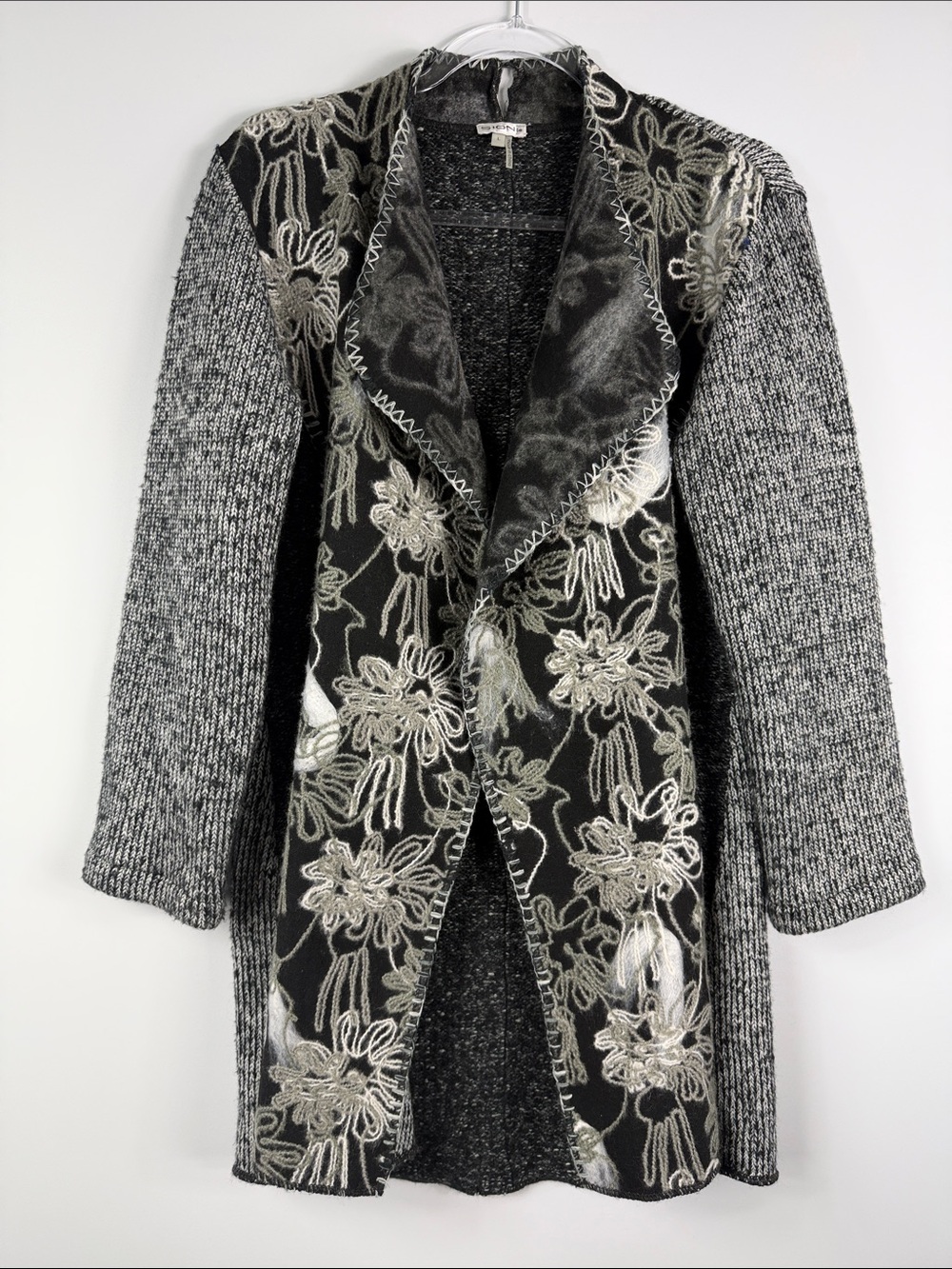 Sioni Floral Embroidered Longline Cardigan L Black Gray Open Front